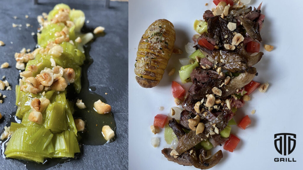 Gegrillter Lauch mit brauner Butter, gerösteten Haselnüssen und Trüffeltapenade